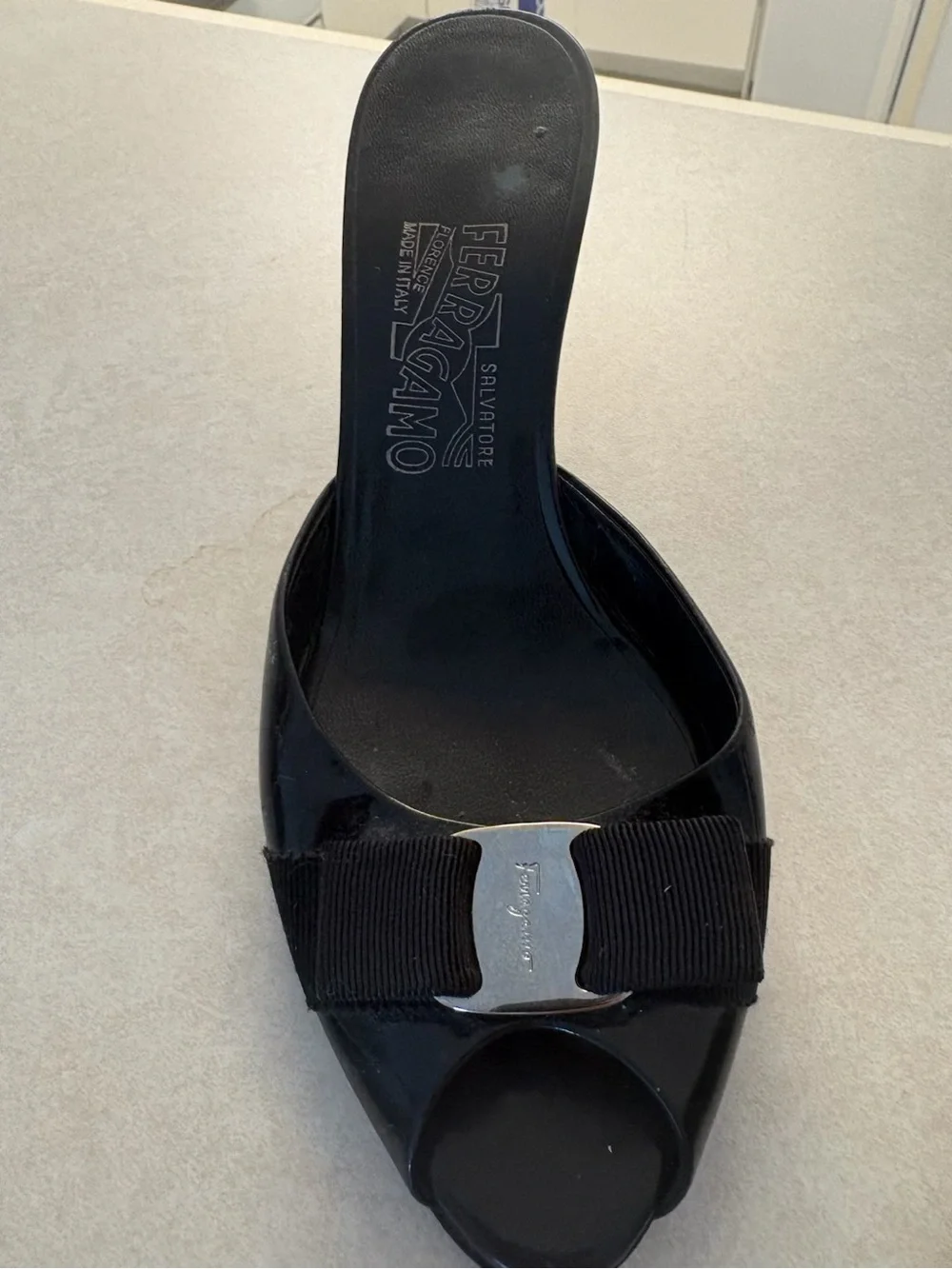 Salvatore Ferragamo Black Patent Vara Bow Open-Toe Mules